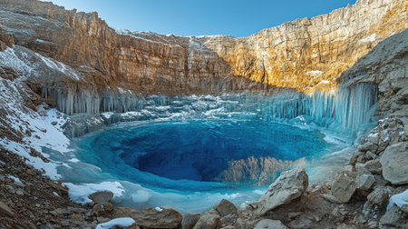 Wide-angle photograph of a blue glacier on the side of a mountain, with snow and rocks in the foreground, shot from above. --chaos 30 --ar 16:9 --quality 2 --stylize 500 --v 6.1 Job ID: 48e28c66-a0ba-4999-94f5-e85010894afaの素材