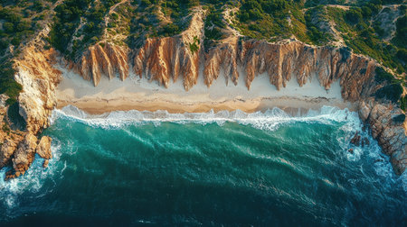 Aerial view of the sandy beach with turquoise water and waves in the style of D Ruff, shot from above of a desert landscape, aerial photography of an Australian coastline, a top-down perspective of golden sand on Red Cliffs beach in the style of Ken's Scripts, red rocks and ocean, high resolution, hyper-realistic, sharp focus, drone photo, captured by Sony Alpha A7 III camera using Sony FE 24-70mm f/2.8 G OSS lens. --chaos 30 --ar 16:9 --quality 2 --stylize 500 --v 6.1 Job ID: a264d477-897e-4ef3-b8fe-431c81c5aad2の素材