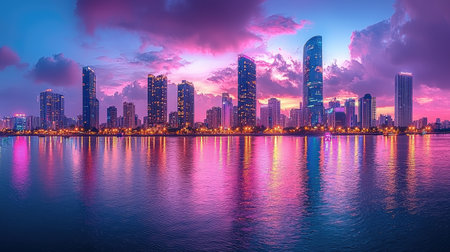 A panoramic view of the city skyline at dusk, showcasing modern skyscrapers and vibrant street lights along the riverbank in Hanoi Vietnam. The color palette includes hues of blue sky with purple clouds and greenery. In the foreground is Han River flowing through downtown H))* Golden hour lighting, aerial photography style --chaos 30 --ar 16:9 --quality 2 --stylize 500 --v 6.1 Job ID: 9a0ebf24-4b74-4807-9cf6-05414e33c714の素材