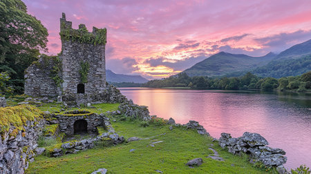 A panoramic view of the Ll information mountain in North wales, with the peak visible on the left side of frame, surrounded by lush greenery and rocky terrain. In front is an ancient well overgrown with moss, overlooking a serene lake at sunset. The sky above glows pink as evening light bathes the scene. Captured using Nikon D850 for high-resolution details, wide-angle lens to capture vast landscape, f/4 aperture for depth effect, ISO 2300 for low-light conditions. --chaos 30 --ar 16:9 --quality 2 --stylize 500 --v 6.1 Job ID: 2ffe4aa2-dcb2-4664-920a-d168b49fbdb5の素材