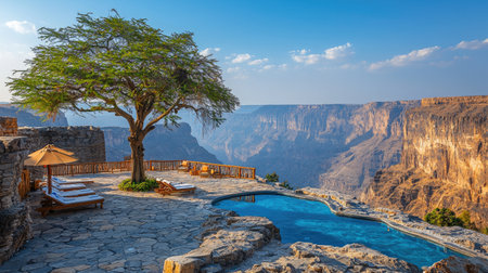 A tree stands in the middle of an arid landscape, overlooking a canyon. A large rocky terrace has wooden railings and is filled with swimming pools that resemble giant lagoons. An umbrella stands on one edge, and in front, there are loungers. The view is from above, on a sunny day, taken from inside and looking out to the distant desert valley, with a blue sky. --chaos 30 --ar 16:9 --quality 2 --stylize 500 --v 6.1 Job ID: ea04f1d5-3ff8-4c88-9965-1fc64c493541の素材