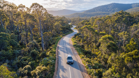 Aerial view of the winding road through an eucalyptus forest in Western Australia, near Mount Holyoke National Park. The asphalt is smooth and dark gray with white lines, surrounded by tall trees and green vegetation. A black car drives along it. In the background, there's another road leading to the horizon. --chaos 30 --ar 16:9 --quality 2 --stylize 500 --v 6.1 Job ID: f53f715b-925c-47c6-a67f-f89870ccb6f2の素材