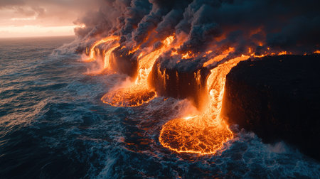 Iceland, drone shot of a lava river flowing from an erupting volcano into the ocean, in the style of National Geographic magazine. --chaos 30 --ar 16:9 --quality 2 --stylize 500 --v 6.1 Job ID: 902967c2-c7e6-44ec-a16c-bbb7e80af7ccの素材