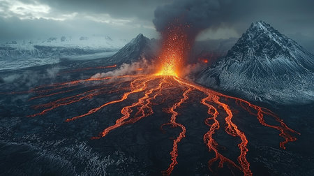 Aerial view of an erupting volcano in Iceland with lava flowing down the side, forming rivers and lakes on flat ground surrounded by snowy mountains. The scene is dramatic and awe-inspiring, with vibrant red hues from molten rock against the grey sky. A sense of raw power and natural beauty captured through aerial photography. --chaos 30 --ar 16:9 --quality 2 --stylize 500 --v 6.1 Job ID: 79841392-addf-4acb-bf36-95942225850bの素材