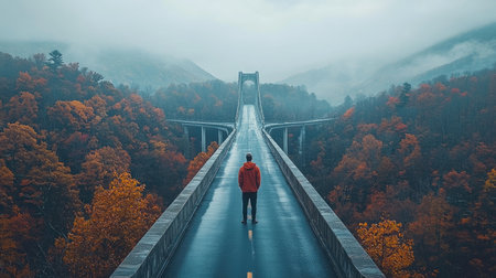 Aerial view of the iconic Blue Ridge Parkway Bridge in autumn, surrounded by colorful foliage and mountains in North Carolina's Blue Ridge Mountains, with winding roads leading to it. The scene is captured from above, showcasing its grandeur against nature's vibrant display. Shot on a Canon EOS R5 camera with an aperture setting of f/8 for focus, ISO 200 for contrast, shutter speed at four seconds to capture motion, and soft natural lighting to highlight textures. --chaos 30 --ar 16:9 --quality 2 --stylize 500 --v 6.1 Job ID: 9d4a3f86-06df-4691-a414-73c244b4dbddの素材