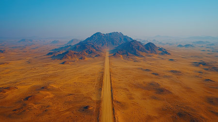Aerial view of the desert landscape with a long, winding road leading to an isolated hill in the center of the frame. The sky is clear and blue above. --chaos 30 --ar 16:9 --quality 2 --stylize 500 --v 6.1 Job ID: fe7c5b4a-2f93-4593-9863-4f755a421a7fの素材