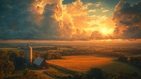Panoramic photograph of an aerial view, sunset over the farm with storm clouds rolling in, a large barn and silo on the left side of the frame, numerous open grassy fields and trees, a distant horizon line, cinematic photography in the style of [Artist name]. --chaos 30 --ar 16:9 --quality 2 --stylize 500 --v 6.1 Job ID: ac005d8d-7a06-438a-81c5-cf096aeceb70の素材
