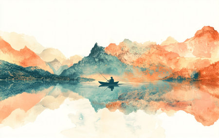 Colorful ink painting of mountains and rivers in the style of Chinese art, with light color tones and a fisherman in a small boat on the river surface. Abstract art background, vector illustration, with white space at the top and a white background. High resolution, high detail, and high quality. --ar 8:5 --v 6.1 Job ID: 7cfec712-dc06-41ed-80a2-0516d4ac2d1cの素材