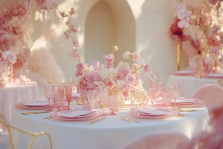 A wedding table set up with white round tables, gold chairs, and pink glasses, surrounded by delicate floral arrangements in soft pastel colors, creating an elegant atmosphere for the special day. --ar 3:2 --v 6.1 Job ID: f15ea983-97bb-4847-acd7-8d421e59fe1fの素材