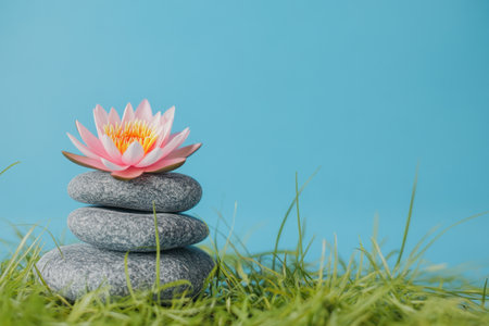 Photo of a stack of gray stones and a pink lotus flower on a blue background with grass, a spa concept for relaxation in a wellness center, with copy space, a banner, and an empty place for text. A simple, feminine composition with cool colors. --ar 3:2 --v 6.1 Job ID: 0b13609c-9aed-415f-b9d2-7a79f17bdfa0の素材