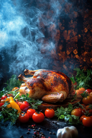 Commercial photography: Grilled chicken on the table with smoke and tomatoes around it. A whole chicken surrounded by fresh vegetables. Superb lighting in a studio setting, with a wallpaper-style background. --ar 2:3 --v 6.1 Job ID: 7ee25105-265a-47c4-bf00-2a42d028a221の素材