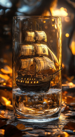 A pirate ship sailing in a glass of water, hyper-realistic photography. --ar 43:78 --v 6.1 Job ID: 513e74f1-0ac8-449a-90e6-ec6a2088cc33の素材
