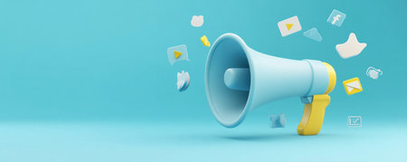 3D illustration of a megaphone and social media icons on a blue background, with a white color palette and yellow accents. This serves as a social network banner design template for marketing or advertising campaigns, presenting a banner concept. --ar 5:2 --v 6.1 Job ID: 40dab61f-1f78-4210-a707-278b0557406fの素材