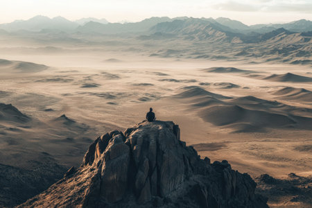 Photo of an expansive desert landscape with rolling hills, captured from above by a drone camera. In the foreground is a solitary figure sitting on top of a rock, overlooking vast mountains and endless plains, creating a sense of solitude and contemplation. The photo should have a muted color palette to emphasize the starkness against the dark rocks below, and the overall mood must convey a calm yet striking beauty. --ar 3:2 --v 6.1 Job ID: c649c763-a3f9-4f8b-83bc-303566274aa0の素材