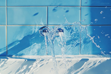 Water flowing from the faucet, a close-up of water being turned on in a bathroom sink with blue walls. Water is splashing and gushing out of the tap onto white tiles. The scene captures a moment where fresh, clean water flows into a bright, modern kitchen or public washroom, symbolizing health and technological progress in urban living. --ar 3:2 --v 6.1 Job ID: f89183e2-f5d3-4e7b-bf72-826a0c9ec937の素材