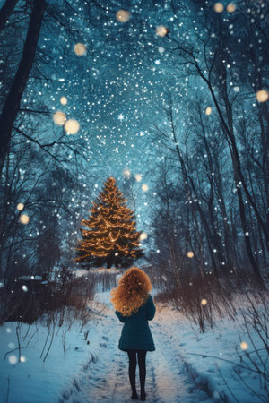 Christmas tree in the snow, forest path, starry sky, lights, Christmas night, Christmas card, in the style of a cartoon, bright colors, high detail, hyperrealism, illustration, high resolution, high quality --ar 2:3 --v 6.1 Job ID: 2c41cc43-12df-457e-ac5a-2bb517482888の素材