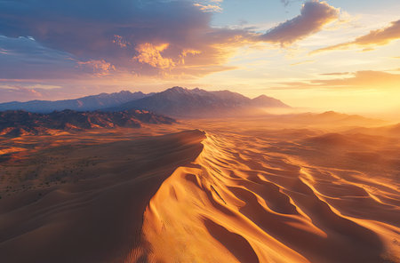 Aerial view of the vast desert dunes with mountains in the background. Sand, wind, and clouds. A beautiful natural landscape at sunrise or sunset. A cinematic scene. Ultra-realistic photography. High resolution. --ar 62:41 --v 6.1 Job ID: 2bfb5777-2140-46d0-9198-e59489f25388の素材
