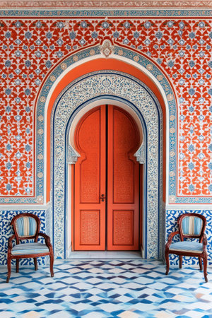 A regal, arabesque doorway with intricate Arabic patterns in the background, an arched entryway and two chairs on each side of it, floor tiles with geometric designs in shades of blue, white, and orange, a symmetrical composition, detailed ornamentation, vibrant colors, detailed architecture, detailed Islamic motifs, a luxurious feel, and a realistic illustration style. --ar 2:3 --v 6.1 Job ID: 94941bd8-b01f-46b3-81c4-b2a398bd9a29の素材