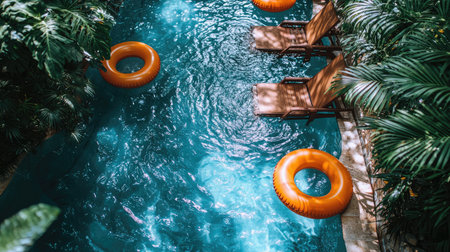 A photograph of an overhead view of a pool with lounge chairs and inflatable rings, taken from the top corner in a stylish home decor style, with plants on one side and swimming pool accessories around it. The water is a blue-green color. There is some sunlight on the right side of the image. --chaos 30 --ar 16:9 --quality 2 --stylize 500 --v 6.1 Job ID: 00a542a9-f2e9-4f44-bb3d-b60e88fecf57の素材