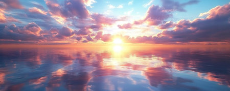 A breathtaking sunrise over the vast ocean, with colorful clouds in the sky and reflections on the calm waters. The sun's rays illuminate the horizon, creating an enchanting scene of beauty and tranquility. --ar 5:2 --v 6.1 Job ID: 7c98044f-2fda-4675-b083-e23f98a942dbの素材