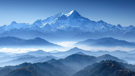 High-angle view of the Himalayas with Mount Everest in the mist, creating an epic and majestic scene against a clear blue sky. The mountain range stretches into the distance under the soft morning light, showcasing its grandeur and majesty. Captured with a Canon EOS R5 camera and an RF 24-70mm f/2.8 lens. --chaos 30 --ar 16:9 --quality 2 --stylize 500 --v 6.1 Job ID: c5734e64-1d1e-4f12-8ade-2c6395a1fbafの素材