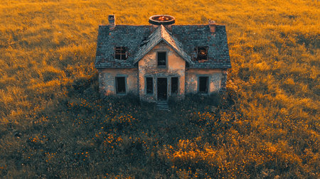 Aerial view of an abandoned castle in the hills near Beneventano, Italy with some ruins and a small bonfire outside. The house is made out of old stone bricks and has large windows. There are grassy fields surrounding it, and there is one big round fire pit on top of its roof. Photographed in the style of DSLR. --chaos 30 --ar 16:9 --quality 2 --stylize 500 --v 6.1 Job ID: a1f0967f-86ba-451a-a345-79c891814c35の素材
