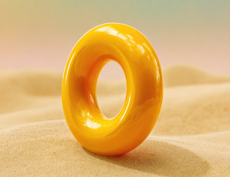 An orange inflatable ring is placed on a sandy beach with soft, blurred background.の素材