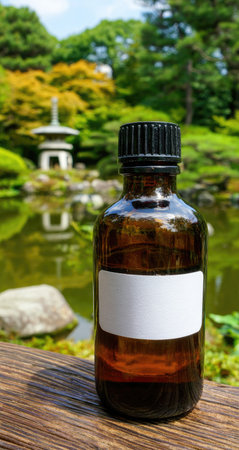 Amber glass bottle with a blank label rests on weathered wood in a tranquil garden setting.の素材