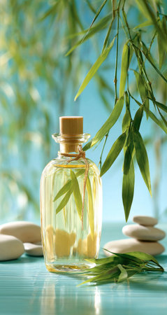 A clear liquid in a decorative bottle sits among spa elements.の素材
