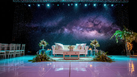 A staged setup featuring a sofa and chairs against a cosmic backdrop.の素材
