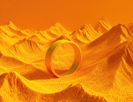 A solitary golden ring sits atop a vibrant, abstract orange desert landscape.の素材
