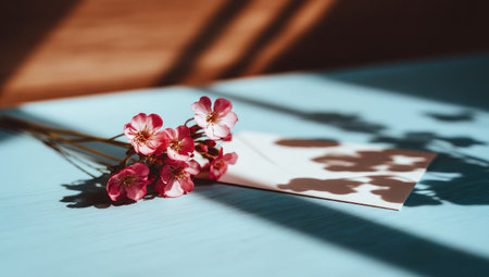 A close-up of small pink flowers and an envelope with light and shadow.の素材