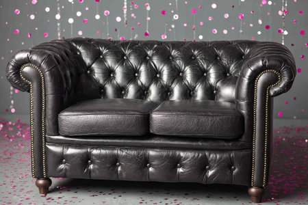 A classic black tufted leather sofa sits amidst festive confetti.の素材