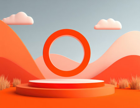 A minimalist 3D render of an abstract scene with a floating ring and podium.の素材