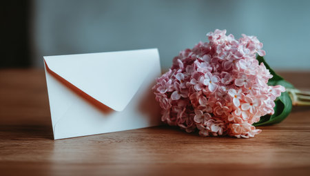 A pink lilac bouquet and a white envelope are arranged on a wooden surface.の素材