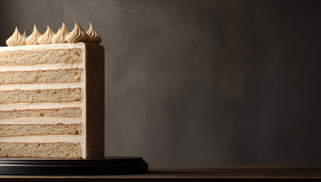 A tall, layered cake with cream frosting and decorative meringue swirls.の素材