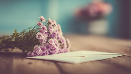 A bouquet of delicate purple flowers lies beside a cream-colored envelope.の素材