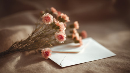A bouquet of small pink flowers lies on a white envelope.の素材