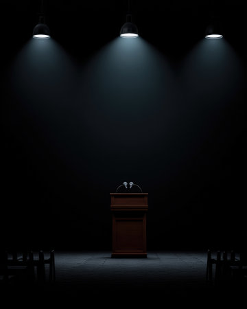 A podium with microphones and chairs is illuminated by spotlights in a dark room.の素材