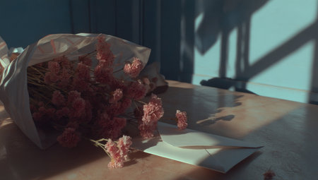 A bouquet of delicate pink flowers rests on a wooden surface with natural light.の素材