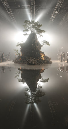 A solitary tree thrives atop a rugged rock formation, its reflection mirrored perfectly.の素材