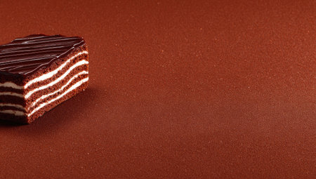A slice of multi-layered chocolate cake with white cream filling is displayed.の素材