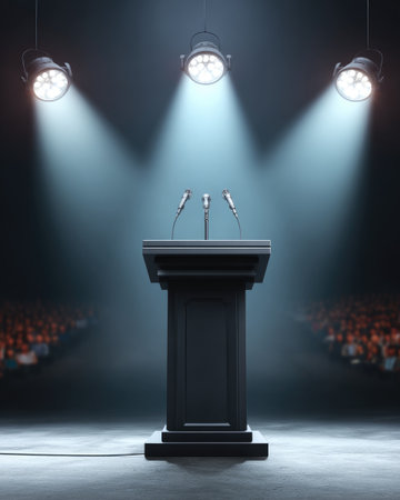 An empty lectern with microphones awaits a speaker under dramatic stage lighting.の素材