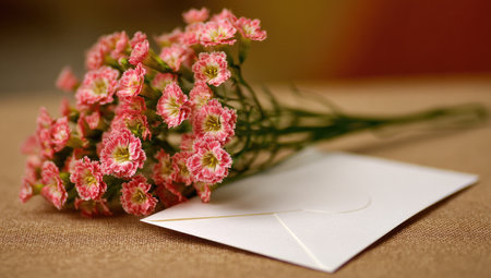A delicate bouquet of pink flowers lies beside a white envelope.の素材