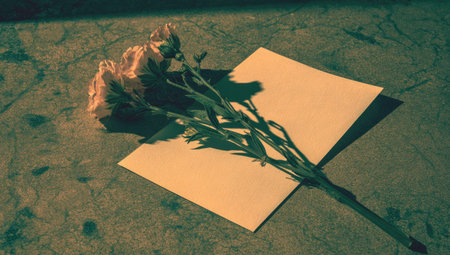 A single delicate flower on a piece of paper bathed in dramatic light and shadow.の素材