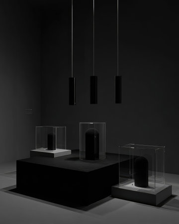 Geometric objects in clear cases are displayed under suspended lights.の素材