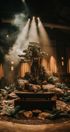 A miniature tree is dramatically lit in a smoky indoor setting.の素材
