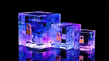 Glowing crystal cubes with locks represent secure data and protection.の素材