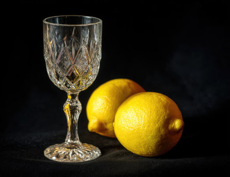 Ornate glass goblet and two ripe lemons are arranged on dark fabric.の素材