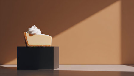 A single slice of pie with cream topping is presented on a dark cube.の素材
